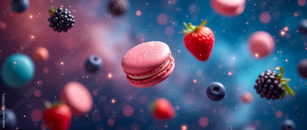 Poster a variety of macarons and assorted berries are depicted as if floating in a whimsical cosmic scene, 