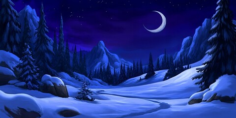 Snowy mountain landscape under a crescent moon.