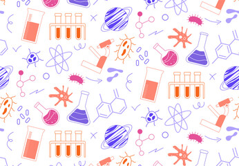 Science seamless pattern. Repeating design element for printing on fabric. Hand drawn flasks with reagents, chemical formulas and atom structure. Physics and Chemistry. Linear vector illustration