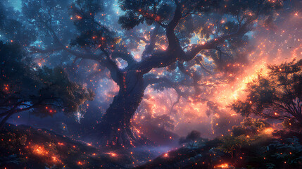 A mystical tree illuminated with glowing lights in a magical forest at dusk, creating an enchanting and dreamlike atmosphere