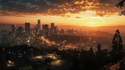 Fototapeta premium Cityscape at Sunset with Golden Sky