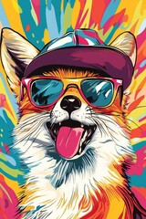 A vibrant pop art illustration of a fun and energetic fox wearing sunglasses and a colorful cap, sticking out its tongue, set against a lively, abstract background with bold, dynamic colors