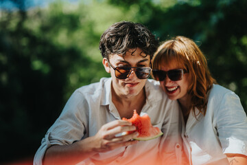 Joyful couple shares a lighthearted moment in nature while savoring fresh watermelon under sunny skies. Perfect summer outdoor experience.