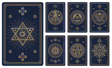Tarot cards with magic signs and esoteric mystic symbols, vector decks covers. Tarot cards with esoteric magic sun and stars in pentagram with masons pyramid and Horus eye for reverse decks design