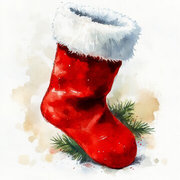 A festive red Christmas stocking with a fluffy white cuff, adorned with green pine branches, creating a cheerful holiday atmosphere