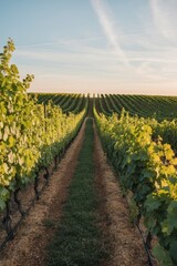 Obraz premium Lush vineyard rows under golden sunlight in the countryside during early evening hours.