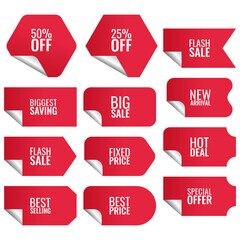 Set of red price, sale, discount, ticket and coupon fold sticker with text illustration