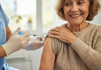 Fototapeta premium Nurse is giving a vaccine to a smiling senior woman