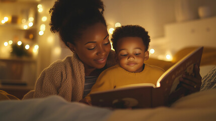 A black mother shares a magical bedtime story with her young son in a cozy, softly lit room at night