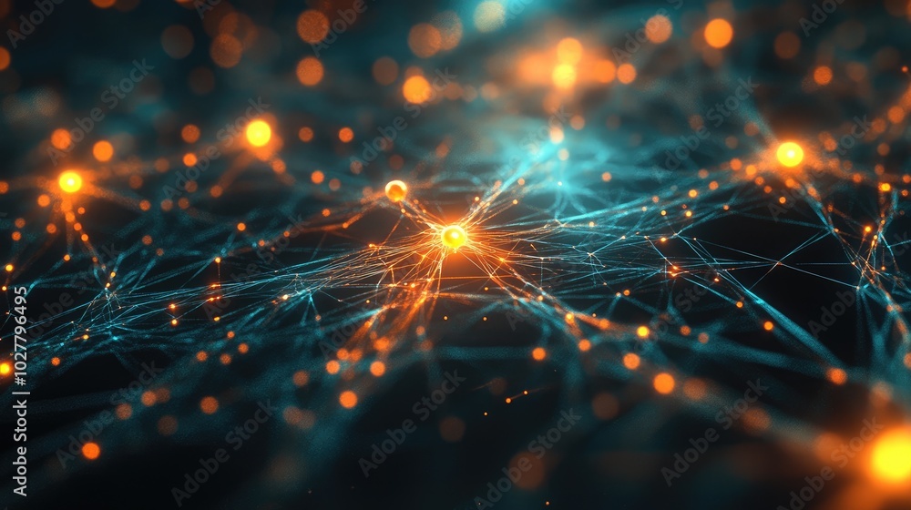 Poster complex digital network of interconnected glowing nodes and vibrant lines