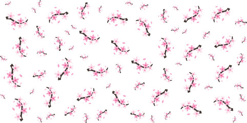 Seamless Floral Pattern with Pink Blossom Petals on White Background, Delicate Flower Petals Vector Design for Fabric, Wallpaper, and Stationery