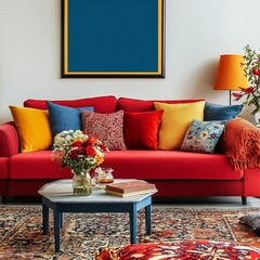White and orange square pillows on white cozy seat sofa, flat image, blank copy space