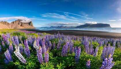 beautiful sunny day and lupine flowers on stokksnes cape in iceland