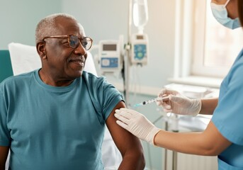 Nurse wearing a mask is giving a vaccine to a senior man in a hospital room