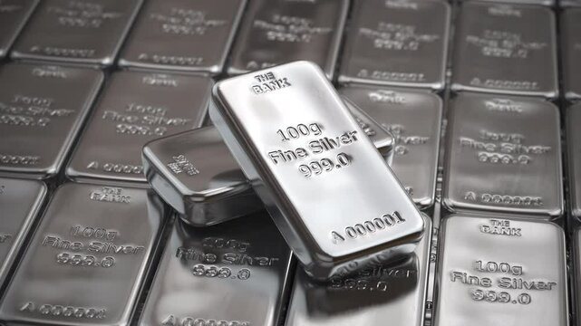 Silver bars and ingots stack in a row. Savings, financial and investments concept. 3d animation
