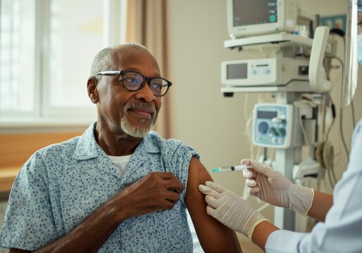 Doctor is injecting a vaccine booster shot into the arm of a senior man