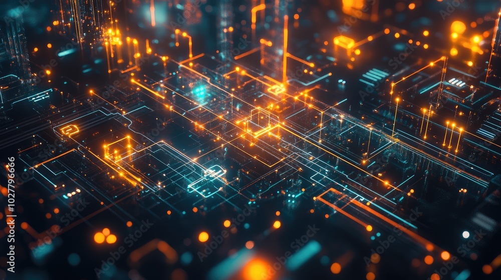 Aufkleber complex futuristic technology connections with glowing nodes and vibrant data flows