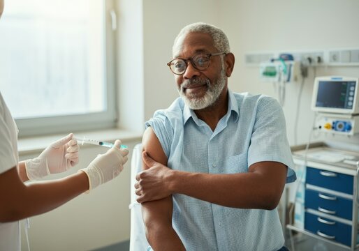Senior man getting vaccinated against covid-19 new variant in hospital room
