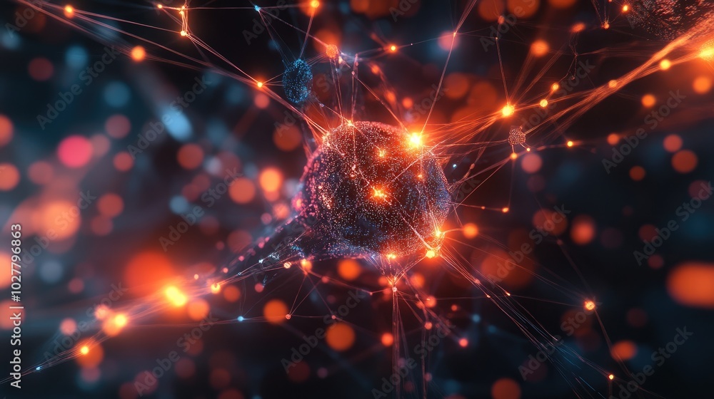 Poster complex high-tech technology connections with glowing nodes and vibrant data streams