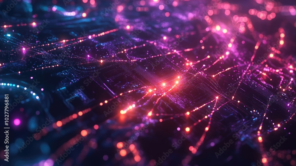 Poster complex high-tech technology connections with glowing nodes and vibrant data streams