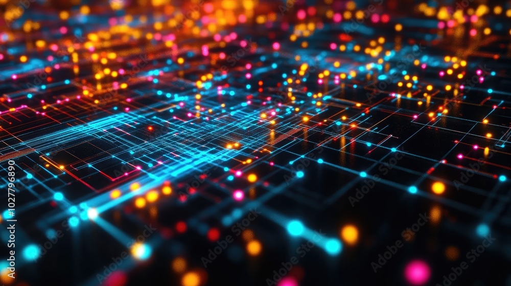 Poster complex high-tech technology connections with glowing nodes and vibrant data streams