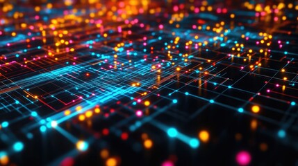 Complex high-tech technology connections with glowing nodes and vibrant data streams
