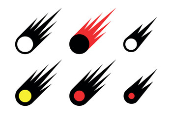 Meteorite or comet icon. Symbol of space or apocalypse. Flying or burning celestial body. Fiery trail in the sky.