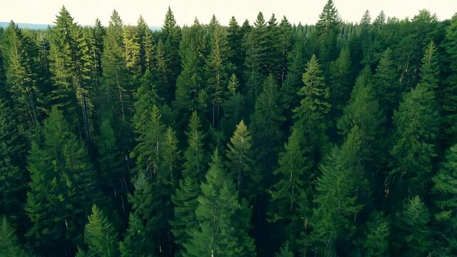 A dense pine forest, the tops of the trees forming a lush green canopy with subtle variations in color and texture. Drone shot, overhead view.