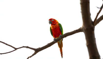 Bright parrot on tree branch against white background. Exotic pet isolated with white highlights, png