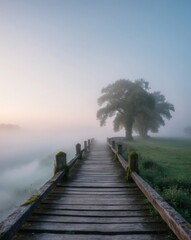 Fototapeta premium Serene Dawn Over a Misty Landscape with Wooden Bridge.
