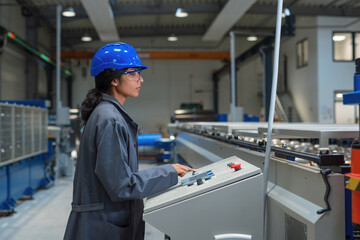 Indian woman engineer with a blue helmet and safety goggles, operating a control panel, controlling and automating industrial processes.