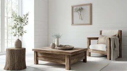 A 3D living room scene with white walls, wooden coffee table, armchair, and a tree stump used as an end table