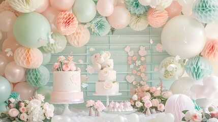 A whimsical garden party with pastel-colored balloons and flowers, featuring an elegant backdrop sign,  Generative AI illustrations.