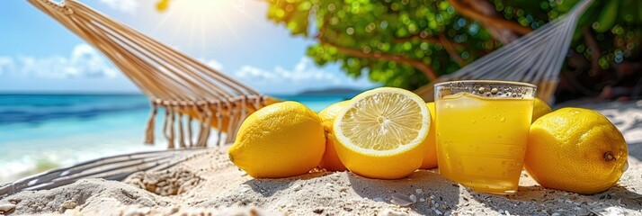Refreshing lemonade and lemons on a sunny beach with hammocks and turquoise waters