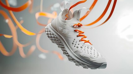 A white running shoe is suspended in the air, with several orange straps extending from the right to the left of the screen, Generative AI illustrations.