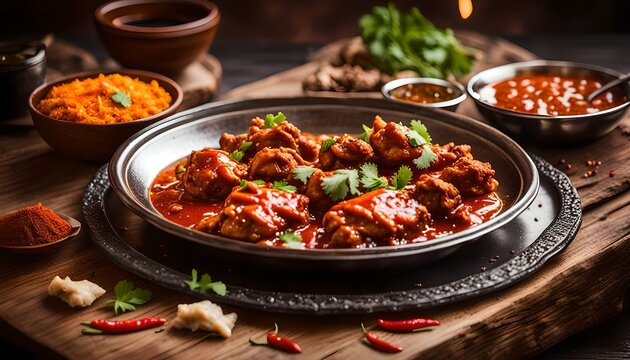 Chicken manchurian  sweet chilli chicken, red hot and spicy curry Mumbai, Delhi India. Popular North Indian side dish for chapati  roti naan paratha  fried rice  pulao. Indo Chinese cuisine.
