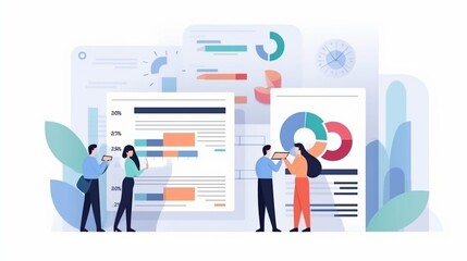 Data analysis concept. Teamwork of business analysts on holographic charts and diagrams of sales management statistics and operational reports, key performance indicators. Flat vector illustration