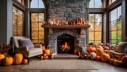 A cozy fall living room with a stone fireplace and vibrant pumpkin decorations. Generative AI