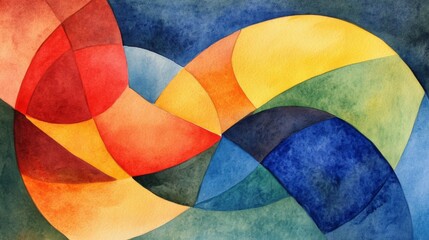 Fototapeta premium Abstract Watercolor Painting with Interlocking Curved Shapes in Red, Yellow, Green, and Blue