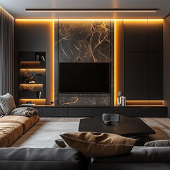 Modern home with light strips and amber wall lighting with strong contrasting light and shadows in the house