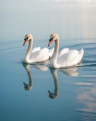 Fototapeta premium Two Swans Gracefully Swimming in a Blue Lake.