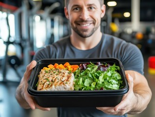 a man holding a black plastic container filled with a nutritious meal, including white meat and fresh salad, set against a gym backdrop, promoting healthy eating and fitness