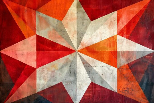 Geometric abstract painting featuring a star-shaped pattern of triangles in shades of red, orange, white, and beige, with textured surfaces and intersecting lines