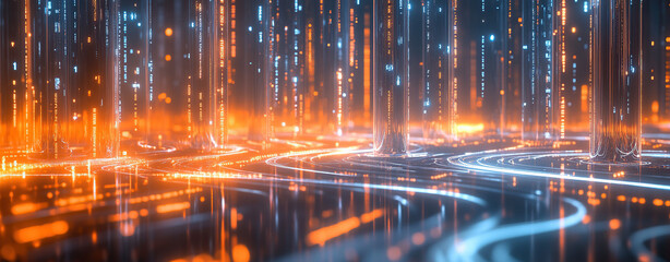 Naklejka premium Abstract scene with digital lights and glowing structures