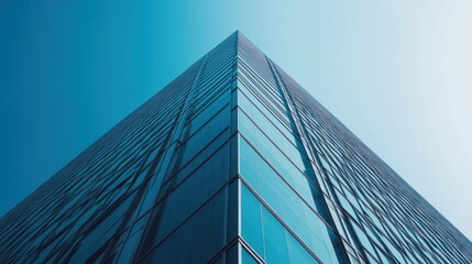 A low-angle shot of a modern skyscraper against a clear blue sky.
