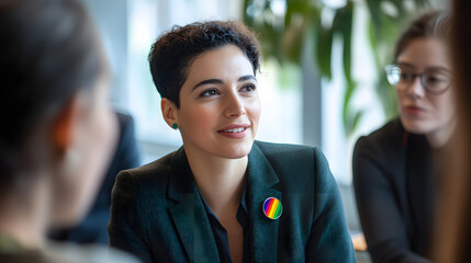 An LGBTQ employee proudly wearing a rainbow pin on their blazer while leading a team meeting promoting visibility and inclusion in the corporate world.