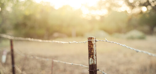 Panorama view barbed wire fence at country farmland near San Antonio, Texas, galvanized sharp edge...