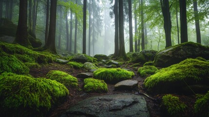 Obraz premium Moss-Covered Rocks and Trees in a Misty Forest
