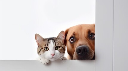 Funny portrait dogs on white table. Lovely fluffy cat licking lips. Free space for text. Mockup for your product. Gray background.