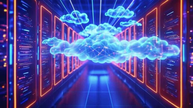 integration of AI and ML in cloud ecosystems. Highlight businesses utilize cloud computing power to process datasets for machine learning AI model training, 4K High-Quality Animation Video
